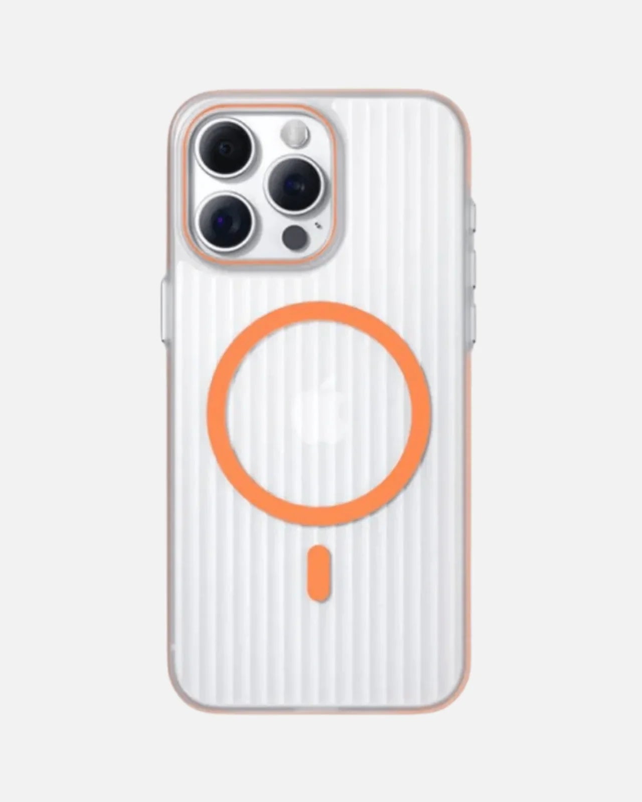 Orange MagSafe case for iPhone with corrugated design, offering non-slip grip and high-impact protection.